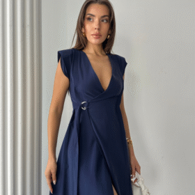 KRUVAZE VATKALI KOLSUZ ELBİSE MODAL KUMAŞ - Lacivert