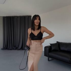 GABARDİN UZUN ÖNDEN YIRTMAÇLI ETEK - Kahverengi