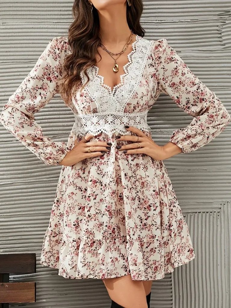 Kadın Uzun Kollu Dantel V Yakalı Mini Desenli Süprem Elbise - Görsel 2