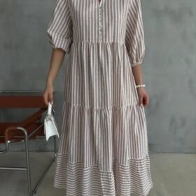 ÇİZGİLİ KETEN HAKİM YAKA DÜĞMELİ SALAŞ ELBİSE - Kahverengi