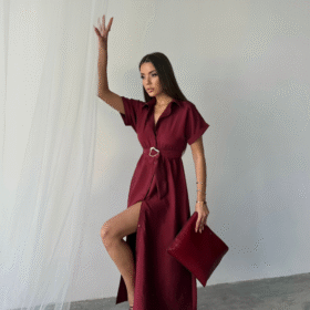 ÖNDEN DÜĞMELİ CRUSHLI MODAL ELBİSE - Bordo