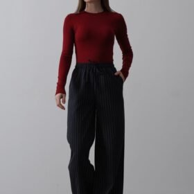 Beli Lastikli Bol Paça Pantolon - Lacivert-Beyaz