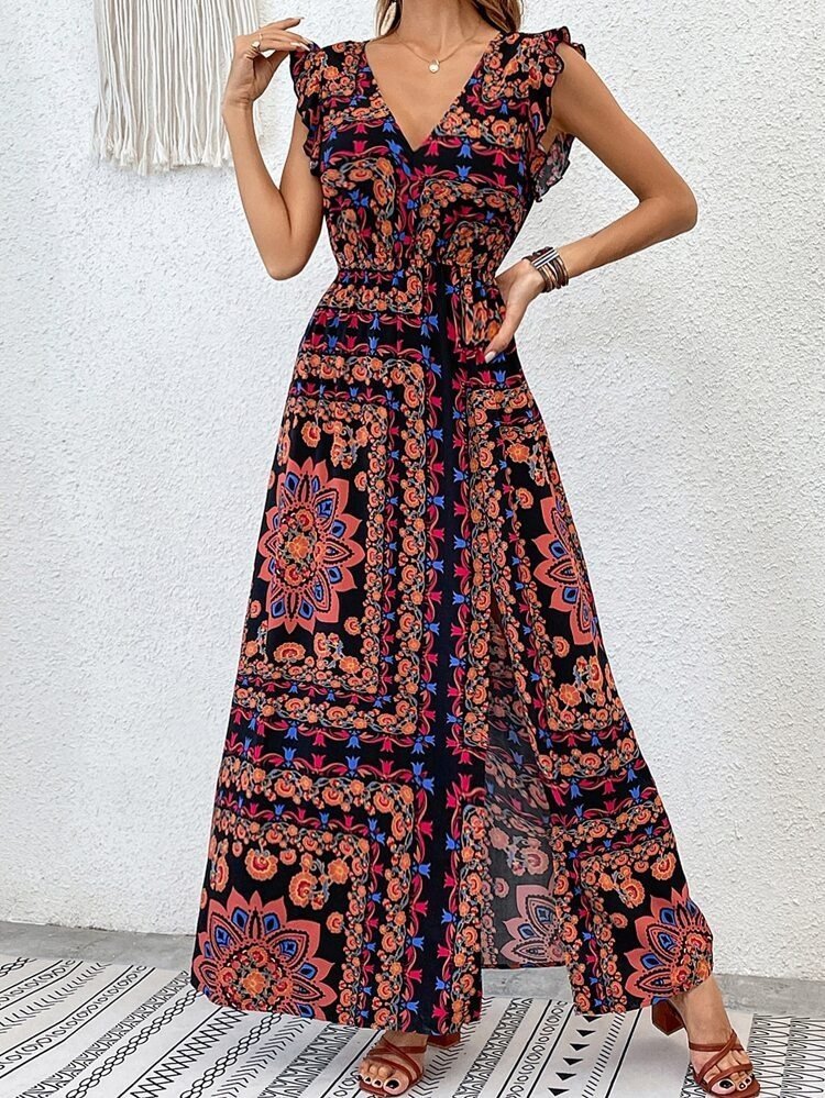 Kadın Kısa Kollu V Yakalı Deseni Yırtmaçlı Süprem Elbise - Görsel 4