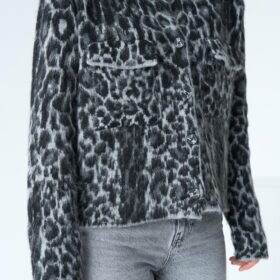 Leopar Desen Jakarlı Hırka - Siyah-Açık Gri