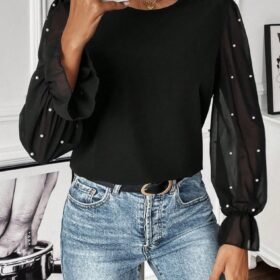 Kadın Uzun Kollu Bisiklet Yaka Tül Detaylı Incili Ithal Krep Bluz