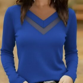 Kadın Uzun Kollu V Yakalı Tül Göğüs Dekolte Detaylı Viskon Bluz