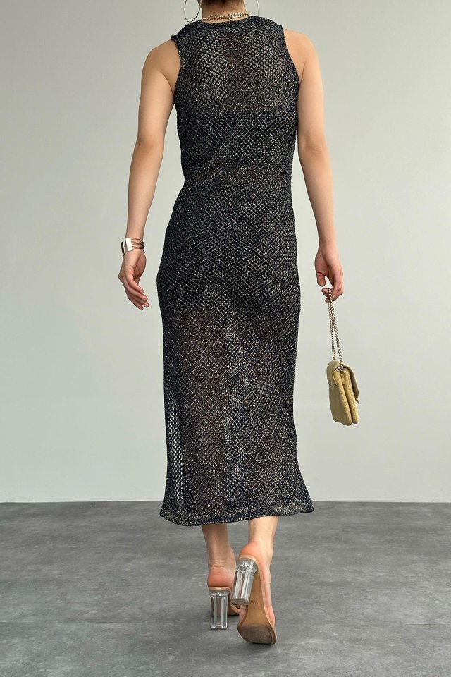 Simli Ajurlu Uzun Elbise - Lacivert-Sarı - Görsel 2