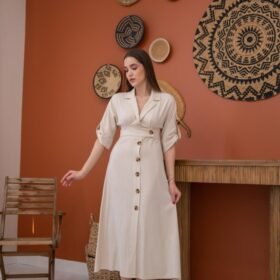 Bej Düğmeli Keten Elbise