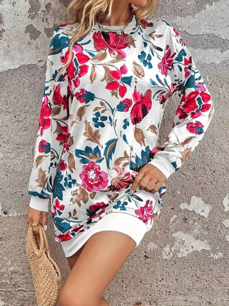 Kadın Uzun Kollu Bisiklet Yaka çiçek Baskılı şardonlu Dalgıç Elbise - Görsel 4