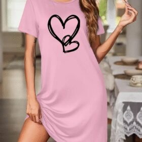 Kadın Kısa Kollu Bisiklet Yaka Kalp Desenli Viskon Elbise