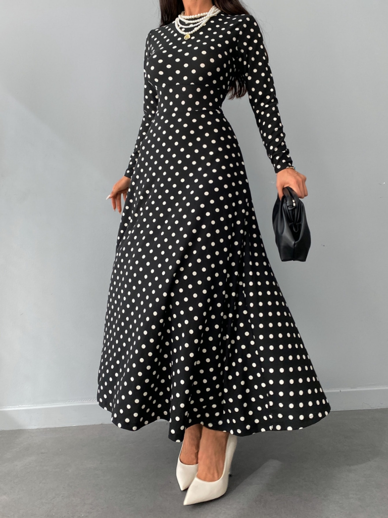 Kadın Siyah Tam Boy Beyaz Puantiyeli Elbise - Görsel 4