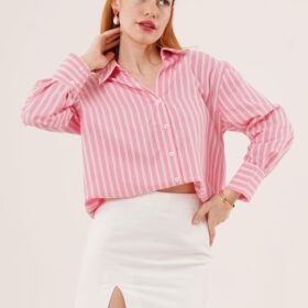 Çift Çizgi Geçişli Düğmeli Pembe Gömlek