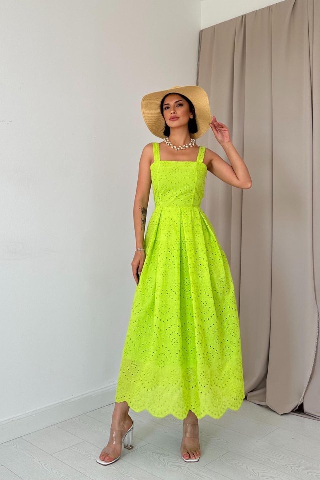 Yağ Yeşili Askılı Aparatlı Brode Elbise - Görsel 4