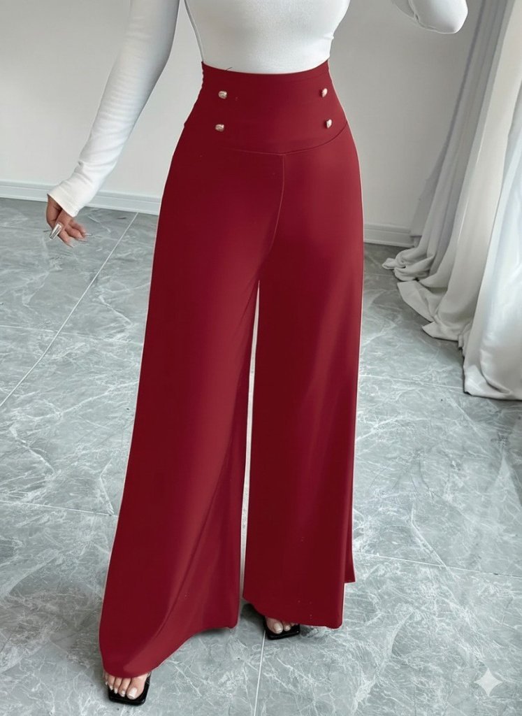 Kadın Yüksek Bel Düğmeli Geniş Paçalı Ithal Krep Pantolon - Görsel 3