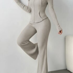 Kadın Uzun Kollu Kapşonlu önden Fermuarlı Kaşkorse Bluz Ve Pantolon Ikili Takım