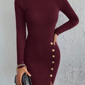 Kadın Bordo Uzun Kollu Bisiklet Yaka Yan Yırtmaç Düğme Detay Kısa Kaşkorse Elbise