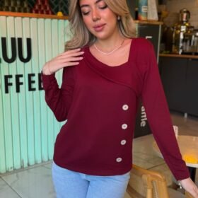 Kadın Uzun Kollu Geometrik Yaka Detay Yandan Düğmeli Viskon Iki Iplik Bluz