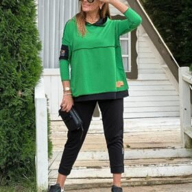 Kadın Yeşil Kapşonlu Etek Ucu Detay Arma Ters Dikiş Gorunumlu Ikili Takım