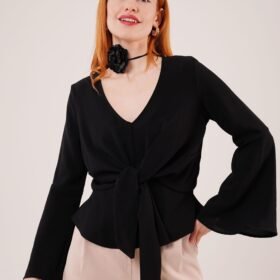 Ön Bağlamalı Volan Kol Siyah Bluz