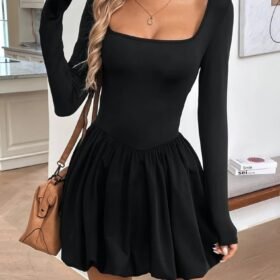 Kadın Uzun Kollu Kare Yaka Mini Balon Modal Elbise