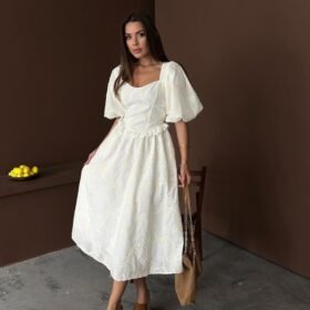 Ekru Balon Kollu Dantelli Brode Elbise