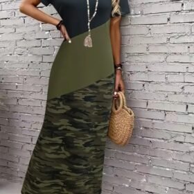 Kadın Kısa Kollu Bisiklet Yaka çok Renkli Maksi Viskon Elbise