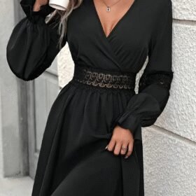 Kadın Uzun Kollu Kruvaze Yakalı Dantelli Fermuar Detaylı Kısa Ithal Krep Elbise