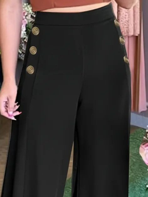 Kadın Yüksek Bel Yan Düğme Detaylı Geniş Paçalı Ithal Krep Pantolon - Görsel 2
