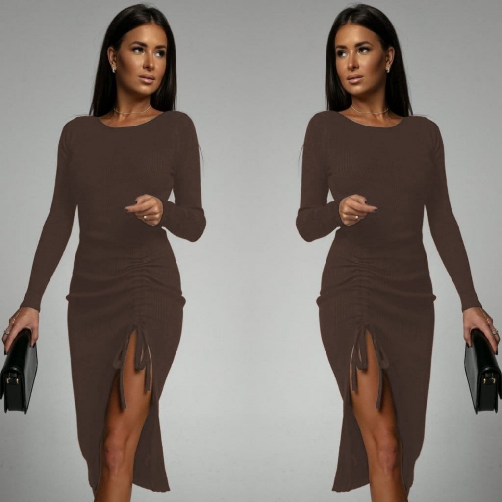 Kadın Uzun Kollu Yandan Büzgülü Yırtmaç Detay Kaşkorse Midi Boy Elbise - Görsel 3