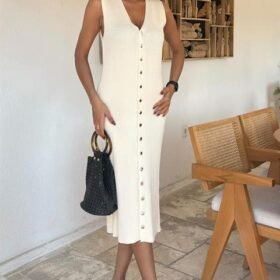 Önü Düğmeli Fitilli Kolsuz Elbise 2832