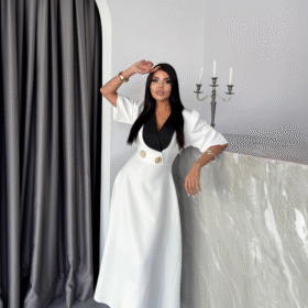 TASARIM ELBİSE CEKET YAKA GOLD DÜĞME DETAYLI KISA KOL - Beyaz