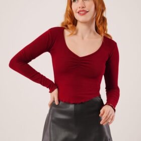 Geniş Yaka Bordo Basic Body Bluz