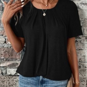 Kadın Kısa Kollu Yuvarlak Yaka önden Pileli Salaş Viskon Bluz