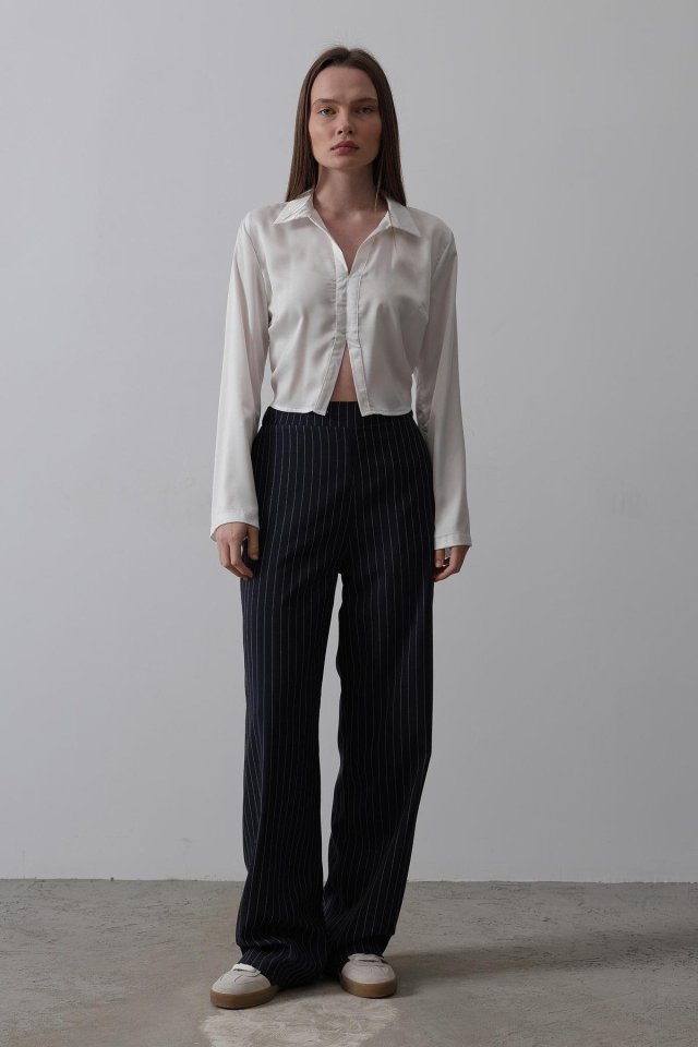 Beli Yarım Lastikli Palazzo Pantolon - Lacivert-Beyaz - Görsel 2