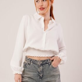 Bel Ve Bilek Lastikli Beyaz Bluz