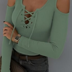 Kadın Omuzlardan Açık Uzun Kollu Bağcıklı Kaşkorse Bluz