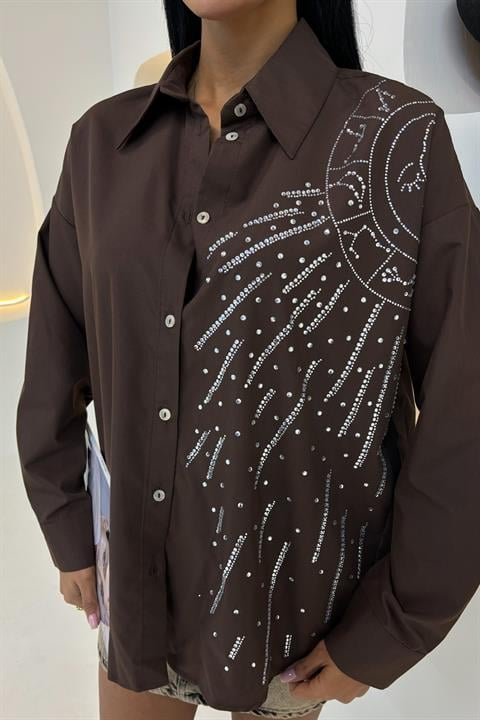 Ay Figürlü Taş İşlemeli Poplin Gömlek 3440 - Görsel 3
