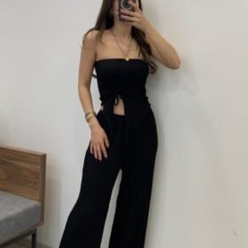 Kadın Sendy Kumaş Bağcık Detaylı Asimetrik Takım