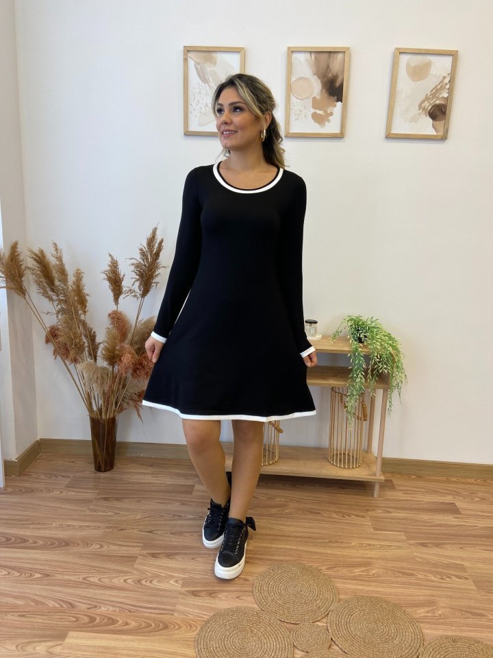 Kadın Uzun Kollu Derin Yuvarlak Yakalı Kısa Viskon Iki Iplik Elbise - Görsel 3