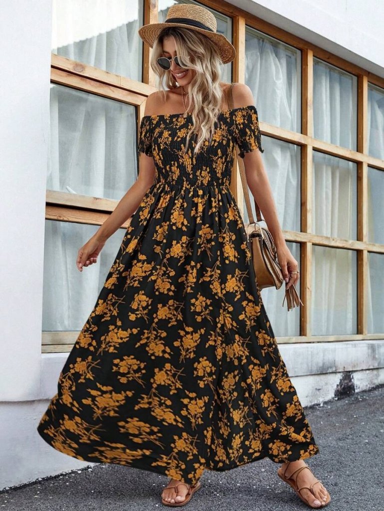 Kadın Kısa Kollu Madonna Yaka Yırtmaçlı çiçek Desenli Süprem Elbise - Görsel 2