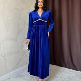 Saks Göğüs Altı Taşlı Elbise