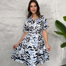 Baskılı Keten Elbise - Lacivert