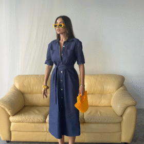 TENCEL ÖNDEN DÜĞMELİ KISA KOL ELBİSE - Mavi