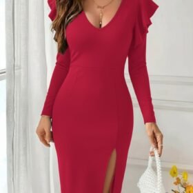 Kadın Uzun Kollu V Yakalı Yandan Yırtmaçlı Midi Ithal Krep Elbise