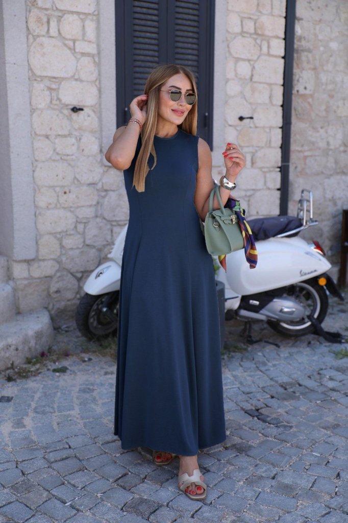 Kadın Sıfır Kollu Bisiklet Yaka Viskon Elbise - Görsel 4