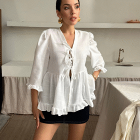 KETEN BLUZ ÖNDEN BAĞLAMALI FIRFIR DETAYLI - Beyaz