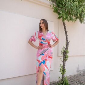 Fuşya Desenli Yırtmaçlı Elbise