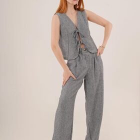 Ön Bağlama Detaylı Yelek Ve Pantolon Antrasit İkili Takım