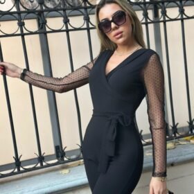 Krep Kumaş Kol Tül Puan Detaylı Kuşaklı Tulum 141 Cm