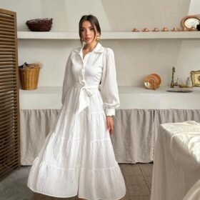 Ekru Çizgi Desenli Uzun Elbise